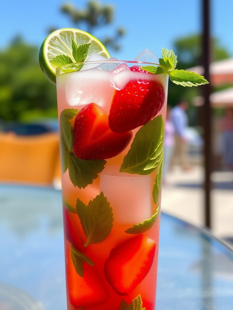 A tall glass of strawberry mojito with strawberries and mint, illuminated by sunlight.
